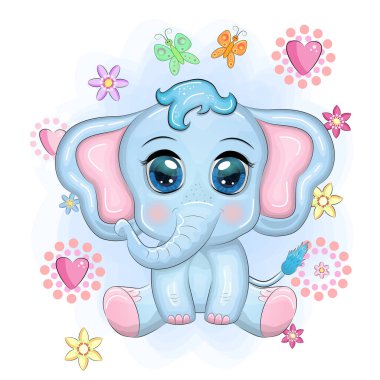 Sevimli çizgi film fili, güzel gözleri olan çocuksu karakter..