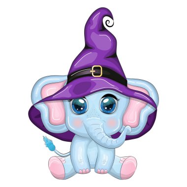 Tatlı çizgi film fili, büyücü şapkalı çocuksu karakter balkabağı, iksir ya da süpürge, cadılar bayramı.