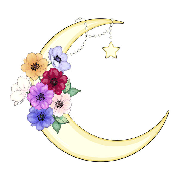 Crescent moon decorated with flowers, leaves anemone, peony, magnolia, violet, a beautiful bouquet