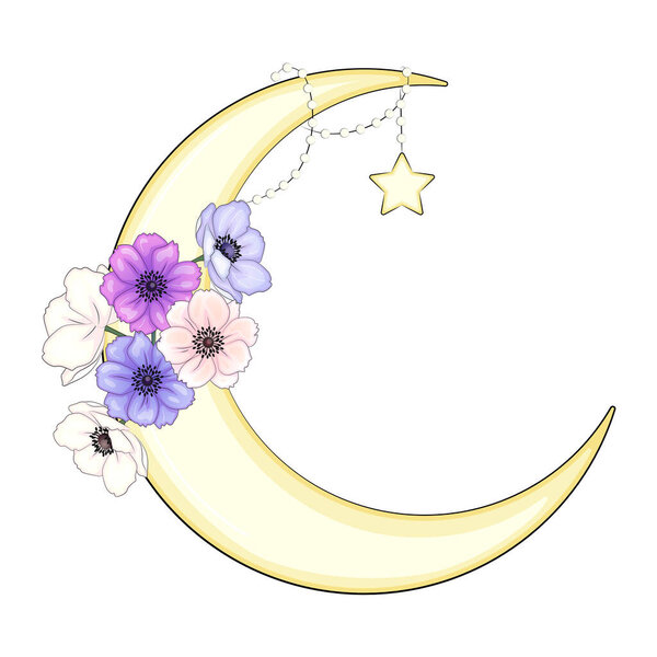 Crescent moon decorated with flowers, leaves anemone, peony, magnolia, violet, a beautiful bouquet