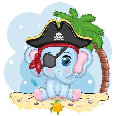 Fil korsan, oyunun çizgi film karakteri, bandana takmış vahşi bir hayvan ve kafataslı, göz bandı takmış bir şapka. Parlak gözlü karakter Beyazlara izole edilmiş