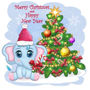 Sevimli çizgi film fili, Noel Baba şapkalı çocuksu karakter hediye, Noel balosu ya da Noel ağacının yanında şeker kamışı. Yeni Yıl