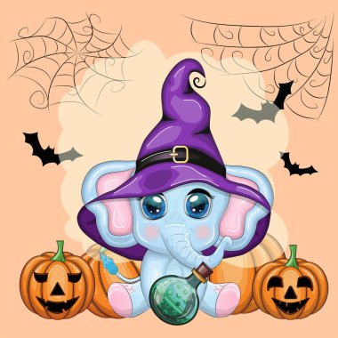 Şirin çizgi film fili, büyücü şapkalı çocuksu karakter balkabağı, iksir ya da süpürgeyle. Cadılar Bayramı kartpostalı.