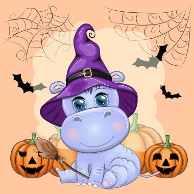 Mor cadı şapkası ve peleriniyle bir kalenin, balkabağının, ayın arka planında iksir olan çizgi film su aygırı. Cadılar Bayramı posteri