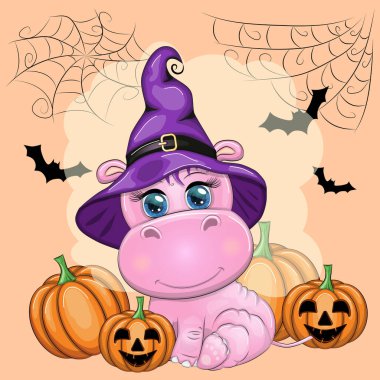 Mor cadı şapkası ve peleriniyle bir kalenin, balkabağının, ayın arka planında iksir olan çizgi film su aygırı. Cadılar Bayramı posteri