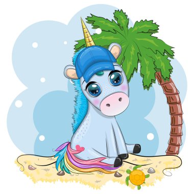 Hawaii 'de hula dansçısı gibi giyinmiş şirin tek boynuzlu at karaktere girmeye hazır. Yaz