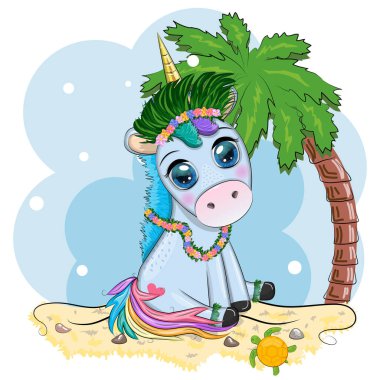 Hawaii 'de hula dansçısı gibi giyinmiş şirin tek boynuzlu at karaktere girmeye hazır. Yaz