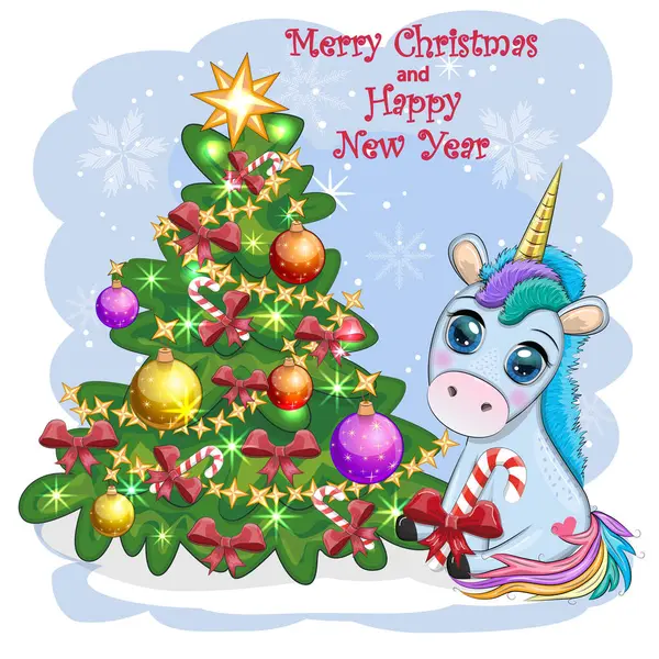 stock vector Cute cartoon unicorn in santa hat near christmas tree with gifts, balls. New Year and Christmas greeting card