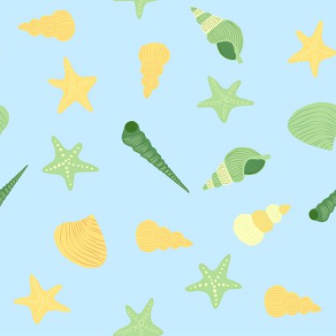 Deniz yıldızı, mercan, inci ve kabuklu sarı pürüzsüz desen. Denizcilik temalı vektör arkaplanı