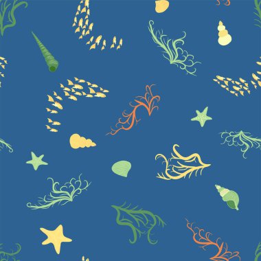 Deniz yıldızı, mercan, inci ve kabuklu sarı pürüzsüz desen. Denizcilik temalı vektör arkaplanı