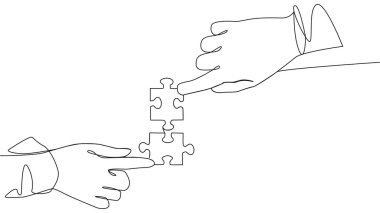 Yapboz parçalarını birbirine bağlayan iki elin çizim çizimi