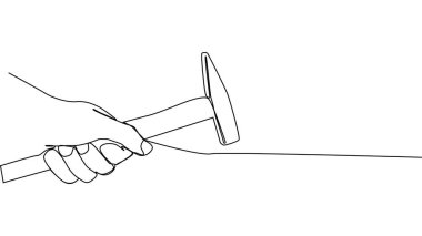 Çekiç tutan bir elin çizimi. Meslek ve mesleğin minimum konsepti. sürekli çizgi çizimi
