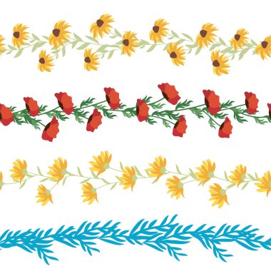 Chamomile, rudbeckia, clover, leaves, poppies, lilies of the valley, berries, tulips, assembled horizontal border seamless pattern Floral seamless border clipart