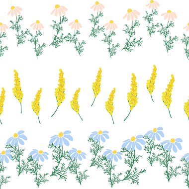 Chamomile, rudbeckia, clover, leaves, poppies, lilies of the valley, berries, tulips, assembled horizontal border seamless pattern Floral seamless border clipart