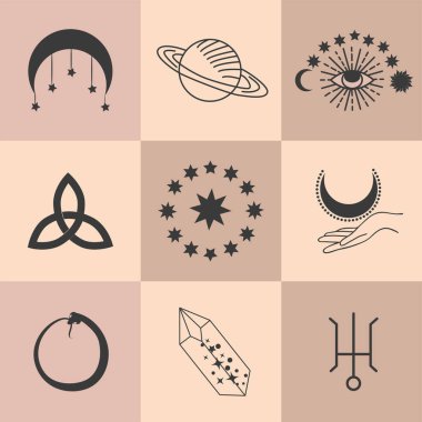 Sihirli semboller seti, kusursuz desenler. Astrolojik, sihirli ve ezoterik semboller.