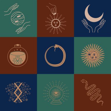 Sihirli semboller seti, kusursuz desenler. Astrolojik, sihirli ve ezoterik semboller.