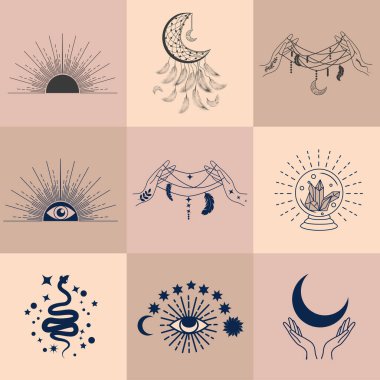 Sihirli semboller seti, kusursuz desenler. Astrolojik, sihirli ve ezoterik semboller.