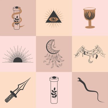 Sihirli semboller seti, kusursuz desenler. Astrolojik, sihirli ve ezoterik semboller.