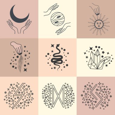Sihirli semboller seti, kusursuz desenler. Astrolojik, sihirli ve ezoterik semboller.