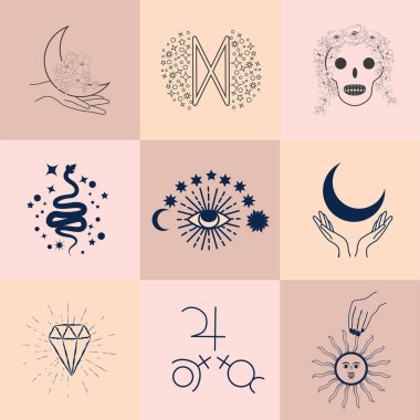 Sihirli semboller seti, kusursuz desenler. Astrolojik, sihirli ve ezoterik semboller.