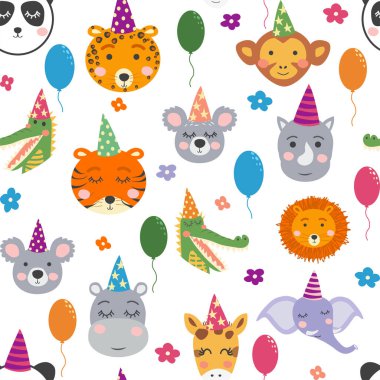 Sevimli hayvan yüzlü kusursuz bir desen. Tatil illüstrasyonu, doğum günü, toplar, şapkalar.