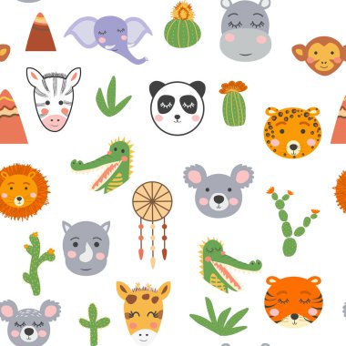 Sevimli kabile hayvan yüzlü kusursuz bir desen. Boho tarzı illüstrasyon, düş kapanı, kaktüs, palmiye ağaçları, tropik bölgeler..