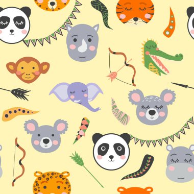 Sevimli kabile hayvan suratlı kusursuz bebek deseni. İskandinav tarzında illüstrasyon, tüylü ve yaylı Hintliler