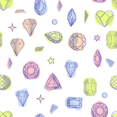 Gemstone kristal pürüzsüz desen. Pastel mücevherler ve yıldızlar beyaz arkaplanda.
