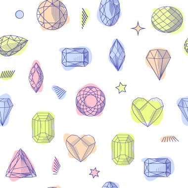 Gemstone kristal pürüzsüz desen. Pastel mücevherler ve yıldızlar beyaz arkaplanda.