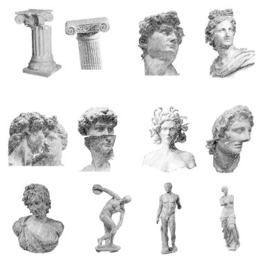 Antik Yunan heykelleri, mistik. Moda bohem tarzında antik klasik heykellerin temsilci el çizimleri