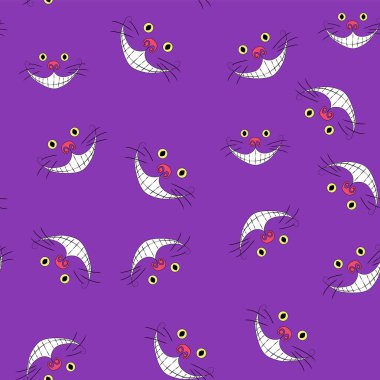 Alice Harikalar Diyarı 'nda kusursuz desen. Mor bir arka planda Cheshire kedisi gülümsemesi