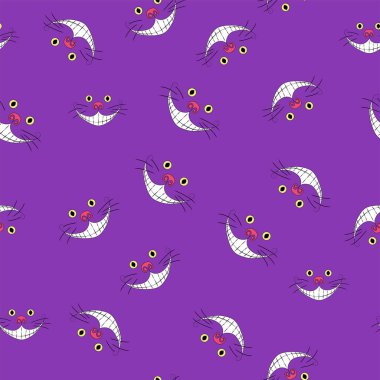 Alice Harikalar Diyarı 'nda kusursuz desen. Mor bir arka planda Cheshire kedisi gülümsemesi