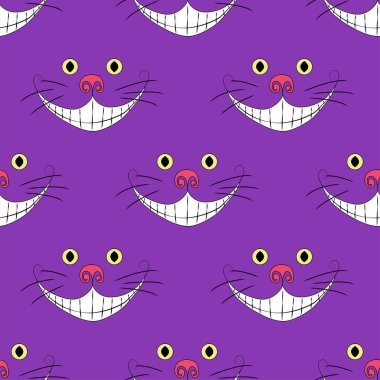 Alice Harikalar Diyarı 'nda kusursuz desen. Mor bir arka planda Cheshire kedisi gülümsemesi