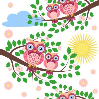 Çiçekleri, bulutları ve dalları olan çocuklar için renksiz baykuş deseni