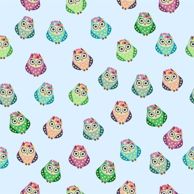 Çiçekleri, bulutları ve dalları olan çocuklar için renksiz baykuş deseni