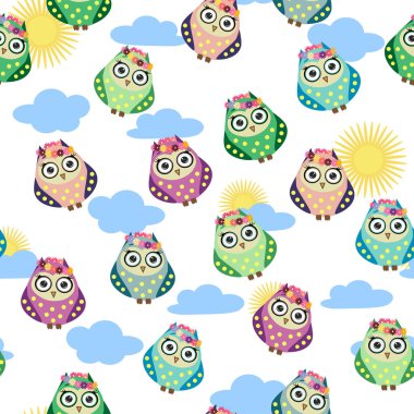 Çiçekleri, bulutları ve dalları olan çocuklar için renksiz baykuş deseni