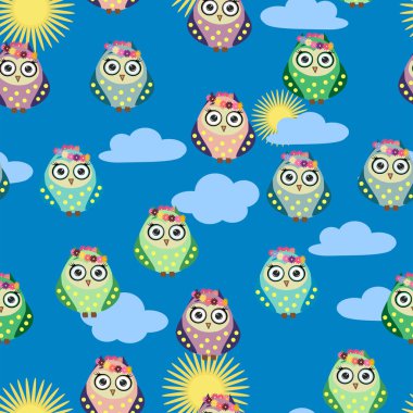 Çiçekleri, bulutları ve dalları olan çocuklar için renksiz baykuş deseni