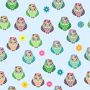 Çiçekleri, bulutları ve dalları olan çocuklar için renksiz baykuş deseni