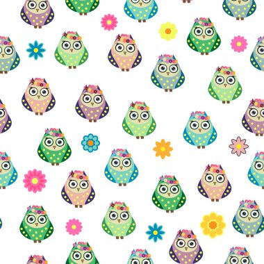 Çiçekleri, bulutları ve dalları olan çocuklar için renksiz baykuş deseni