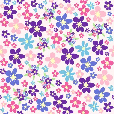 Ditsy Çiçeksiz desen. Çiçekler ve yıldızlar deseni, lavanta ve pembe.