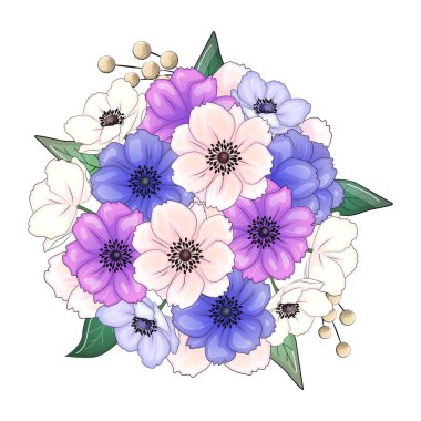 Gerçekçi vektör çiçekleri tomurcuklanır buketler. Amonlar, şakayıklar, manolyalar...