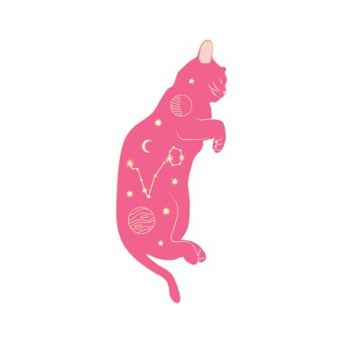 Boho tarzı mistik kediler, siluet koleksiyonu. Ezoterizm, mistisizm, okültizm. Çizgi film düz vektör çizimleri, izole