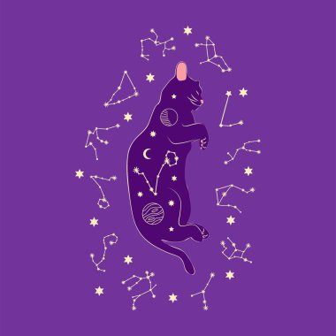 Yıldızlarla, burçlarla, toplarla, pati izleriyle, siluet koleksiyonuyla çevrili Boho tarzında mistik bir kedi. Ezoterizm, mistisizm, okültizm. Çizgi film düz vektör çizimi.