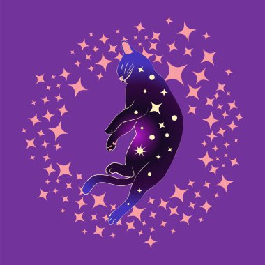 Yıldızlarla, burçlarla, toplarla, pati izleriyle, siluet koleksiyonuyla çevrili Boho tarzında mistik bir kedi. Ezoterizm, mistisizm, okültizm. Çizgi film düz vektör çizimi.