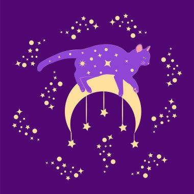 Yıldızlarla, burçlarla, toplarla, pati izleriyle, siluet koleksiyonuyla çevrili Boho tarzında mistik bir kedi. Ezoterizm, mistisizm, okültizm. Çizgi film düz vektör çizimi.