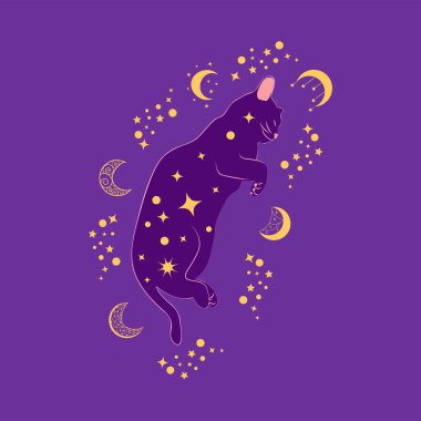 Yıldızlarla, burçlarla, toplarla, pati izleriyle, siluet koleksiyonuyla çevrili Boho tarzında mistik bir kedi. Ezoterizm, mistisizm, okültizm. Çizgi film düz vektör çizimi.