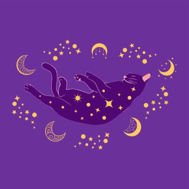 Yıldızlarla, burçlarla, toplarla, pati izleriyle, siluet koleksiyonuyla çevrili Boho tarzında mistik bir kedi. Ezoterizm, mistisizm, okültizm. Çizgi film düz vektör çizimi.