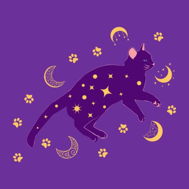Yıldızlarla, burçlarla, toplarla, pati izleriyle, siluet koleksiyonuyla çevrili Boho tarzında mistik bir kedi. Ezoterizm, mistisizm, okültizm. Çizgi film düz vektör çizimi.