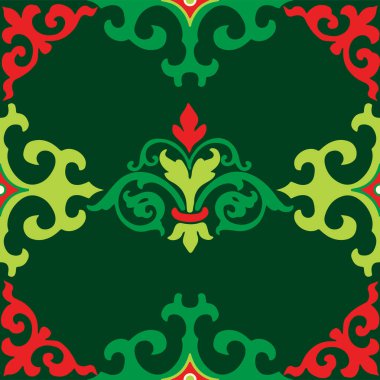 Tam bir Tatar deseni. İslami lale, çiçek geometrisi. Tatar halkının kültürü, yeşil ve kırmızı sembolleri.