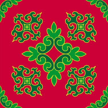 Tam bir Tatar deseni. İslami geometri. Tatar halkının kültürü, yeşil ve kırmızı sembolleri.